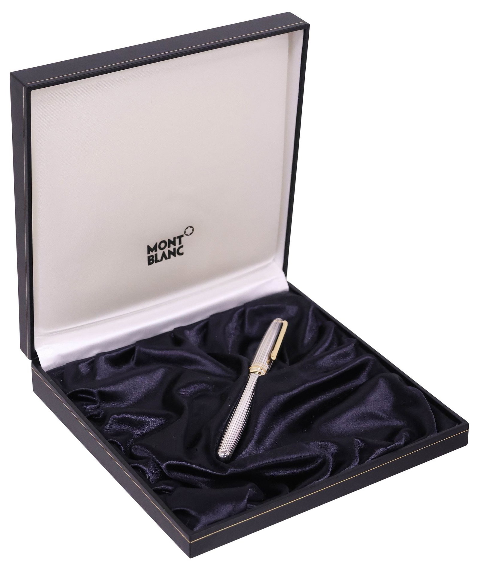 MONTBLANC MIESTERSTUCK SOLITAIRE STERLING ROLLERBALL PEN IN BOX: Montblanc Meisterstruck Solitaire rollerball pen, sterling silver case, surmounted by the white star emblem, with pinstripe detailing, hallmarked 925, fitted with replacement nib, housed in branded bo