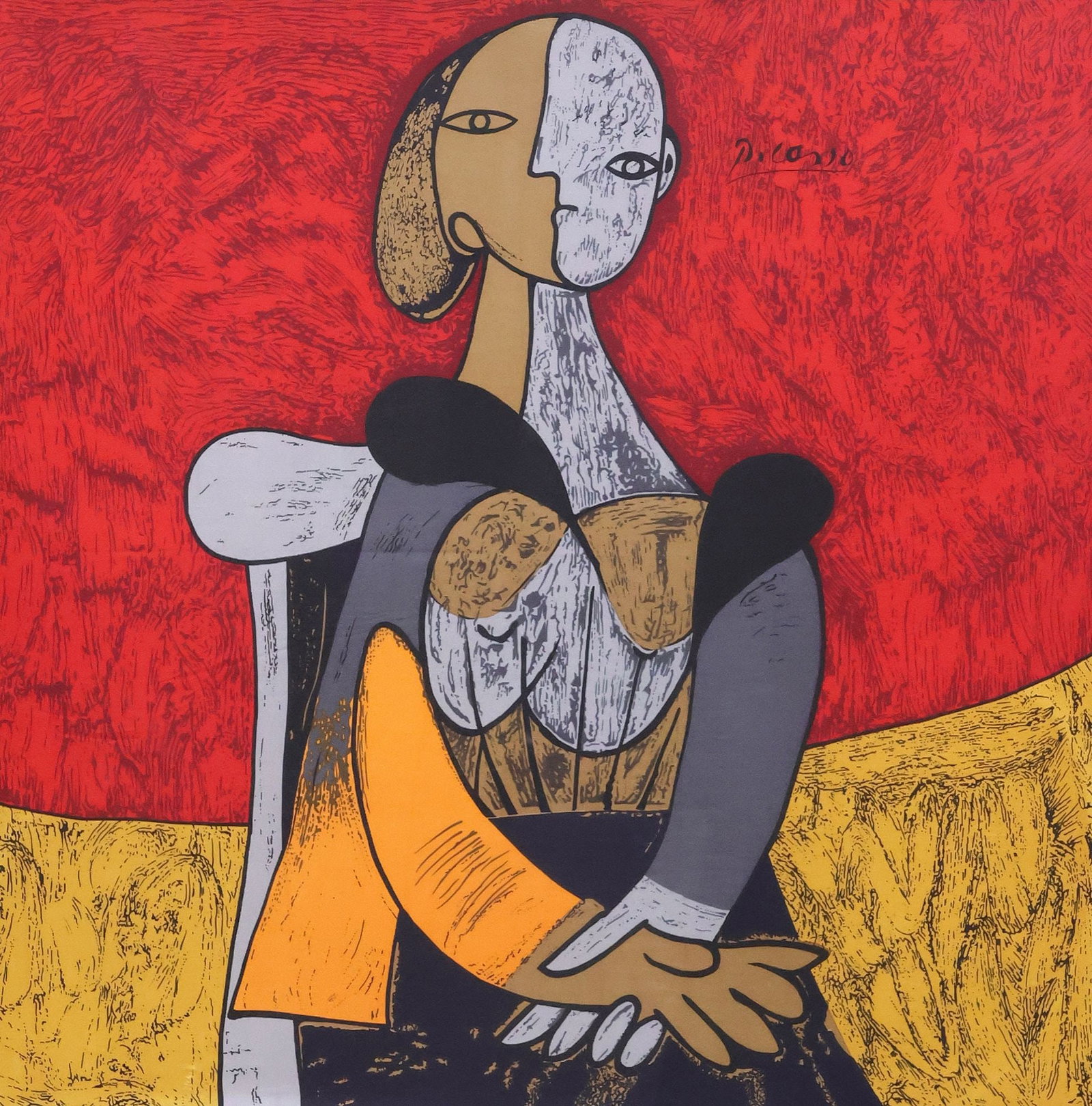 SHADOWBOX-FRAMED 'FEMME ASSISE' SILK TWILL WALL-HANGING AFTER PABLO PICASSO: Decorative shadowbox-framed silk twill wall hanging, "Femme Assise (Seated Woman)," after Pablo Picasso (Spanish, 1881-1973), hung on concealed dowel with tasseled ends, encased behind glass, not exam