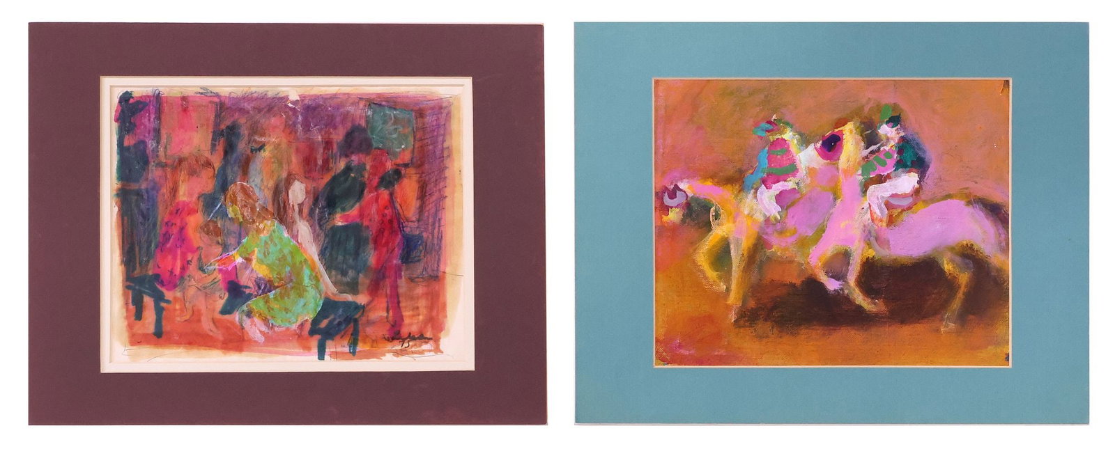 (2) GUSTAV LIKAN (1912-1998) OIL & WATERCOLOR PAINTINGS, HORSE RACE & PARTY: (lot of 2) Unframed paintings, by Gustav Likan (Yugoslavian, active in Texas, 1912-1998), including: (1) oil on canvas, Horse Race, apparently unsigned, sight: approx 7.75"h, 9.5"w, overall: approx 11