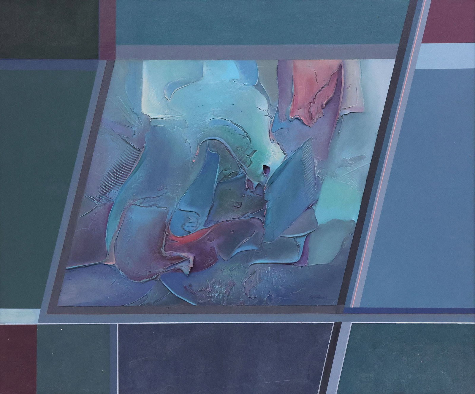 GARY ADCOCK (TEXAS, D.1998) ABSTRACT PAINTING, 'RHOMBS & WEDGES,' 40" X 48" (1 of 4)