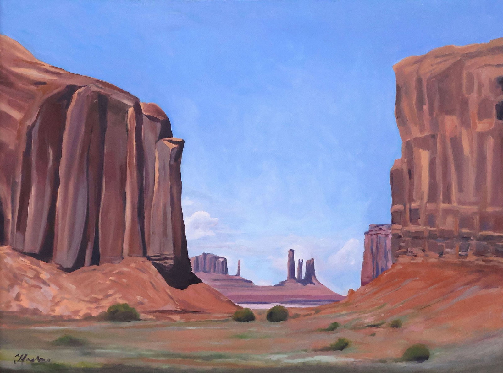 CATHERINE MASSARO, "MONUMENT VALLEY", OIL PAINTING 36"x 48": Framed oil painting on canvas, "Monument Valley", signed at lower left "C. Massaro" (Catherine Massaro, Texas, New Mexico, New York, b.1951), signed again and titled at verso, sight 36"h, 48"w, overal