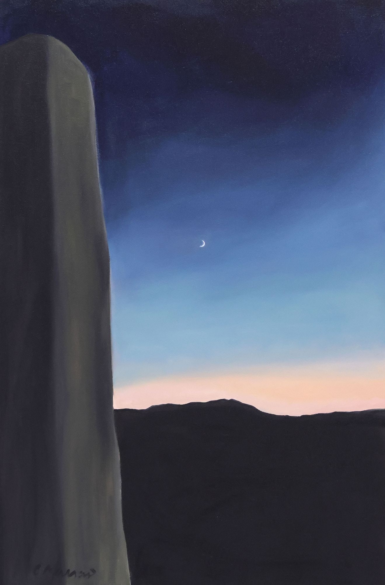 CATHERINE MASSARO "LA CENTINELA MOON", PAINTING, 36" x 24": Framed oil painting on canvas, "La Centinela Moon", signed at lower left "C. Massaro" (Catherine Massaro, Texas, New Mexico, New York, b.1951), signed again and titled at verso, sight 36"h, 24"w, over