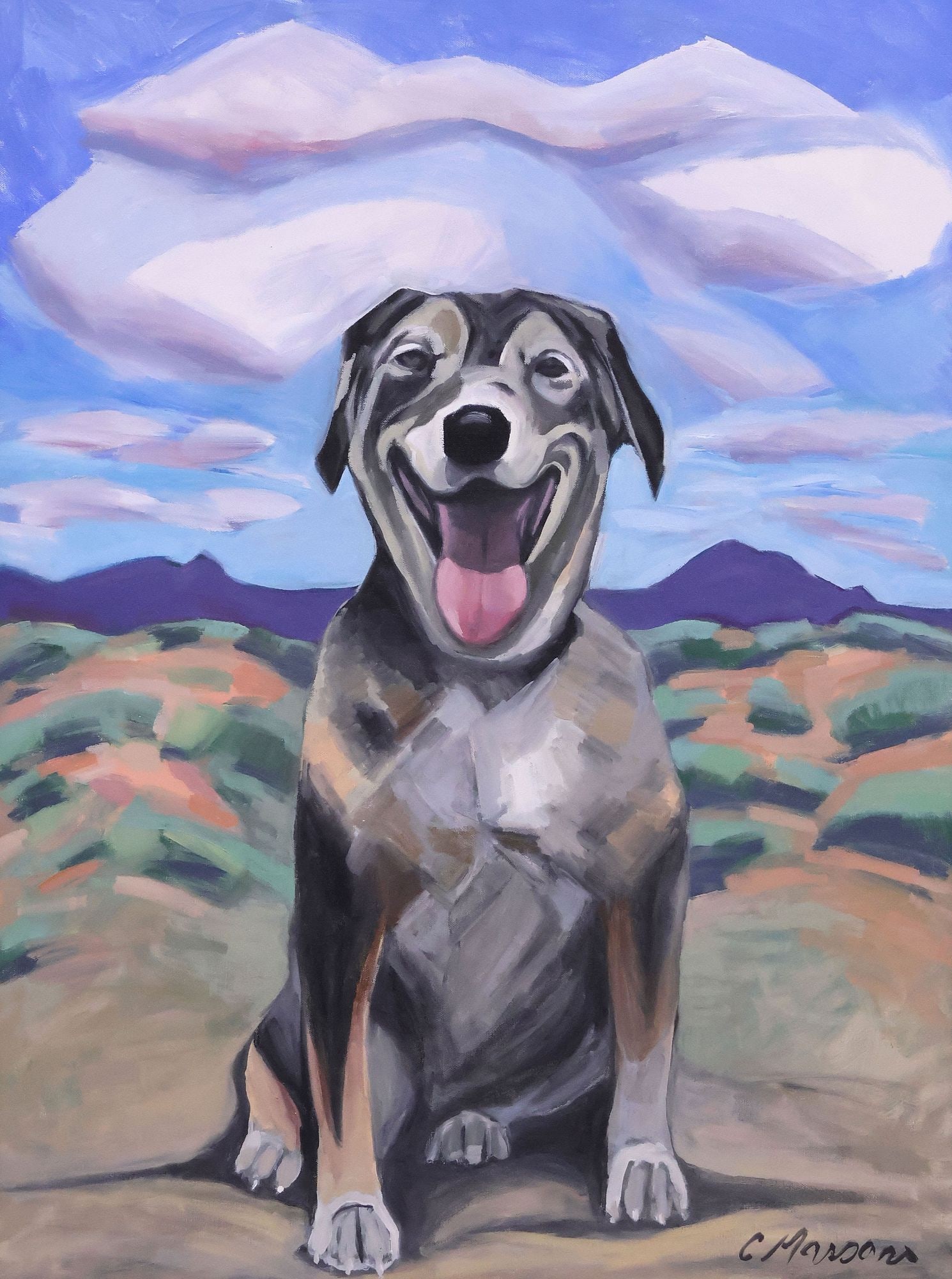 CATHERINE MASSARO, "JOYFUL ON THE MESA", PAINTING 40" X 30": Framed oil painting on canvas, "Joyful on the Mesa", signed at lower right "C. Massaro" (Catherine Massaro, Texas, New Mexico, New York, b.1951), sight 40"h, 30"w, overall 41.5"h, 31.5"w, 6.6lbs