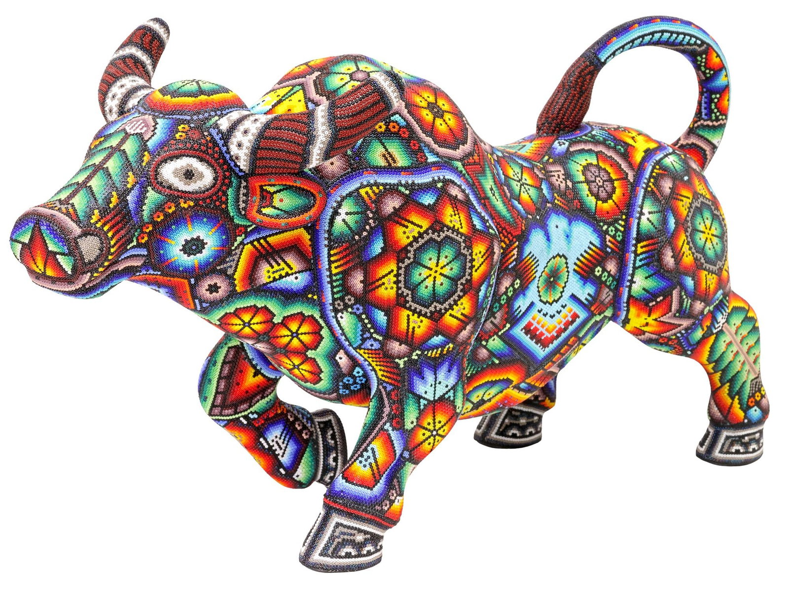 LARGE CHROMA AKA RICK WOLFRYD (B.1953), 'THE BULL': Huichol style color beaded vinyl figure, "El Toro (The Bull)," Chroma aka Rick Wolfryd (Richard Wolfryd, California/ Mexico, b.1953), signed, titled, dated 2025, and inscribed TP. 0005 underfoot,