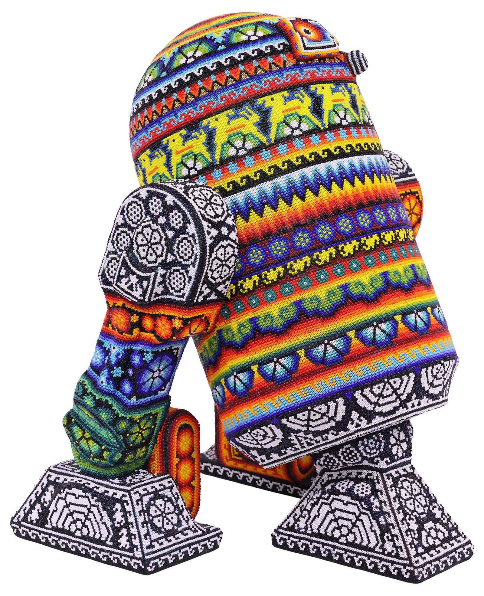 LARGE CHROMA AKA RICK WOLFRYD (B. 1953) POLYCHROME-BEADED 'R2-D2,' 17"H: Huichol style color beaded vinyl figure, "R2-D2," Chroma aka Rick Wolfryd (Richard Wolfryd, California/ Mexico, b.1953), signed, AP (artist proof), titled, and dated 2025 underside, approx 17"h,