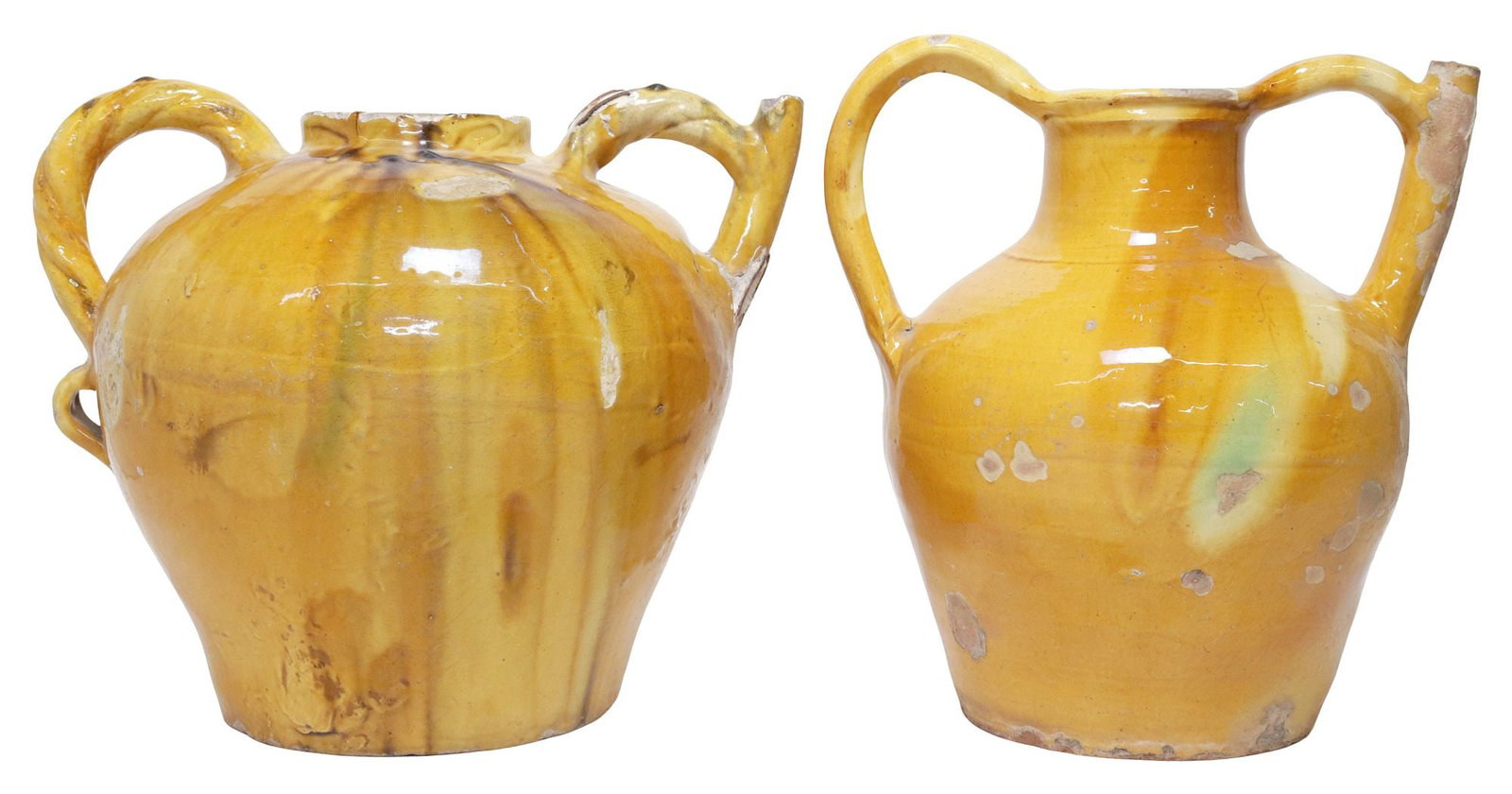 (2) LARGE FRENCH PROVINCIAL OCHRE-GLAZED EARTHENWARE JUGS / CRUCHES (1 of 3)