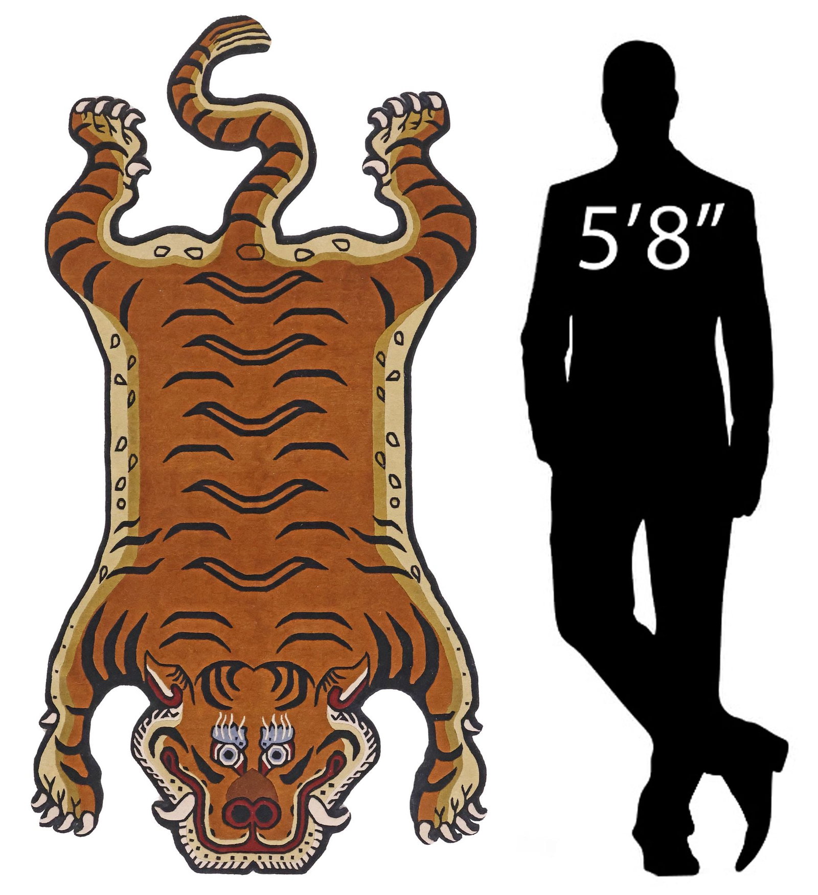 ESTATE HANDMADE TIGER-FORM WOOL RUG, 6'0.25" X 3'1": Estate hand-tied animal-form rug, likely Nepal, fashioned as a tiger pelt, approx 6'0.25" X 3'1", 7lbs **Provenance: Treasures from the vaults of a Dallas designer** **Please Note: All of the rugs