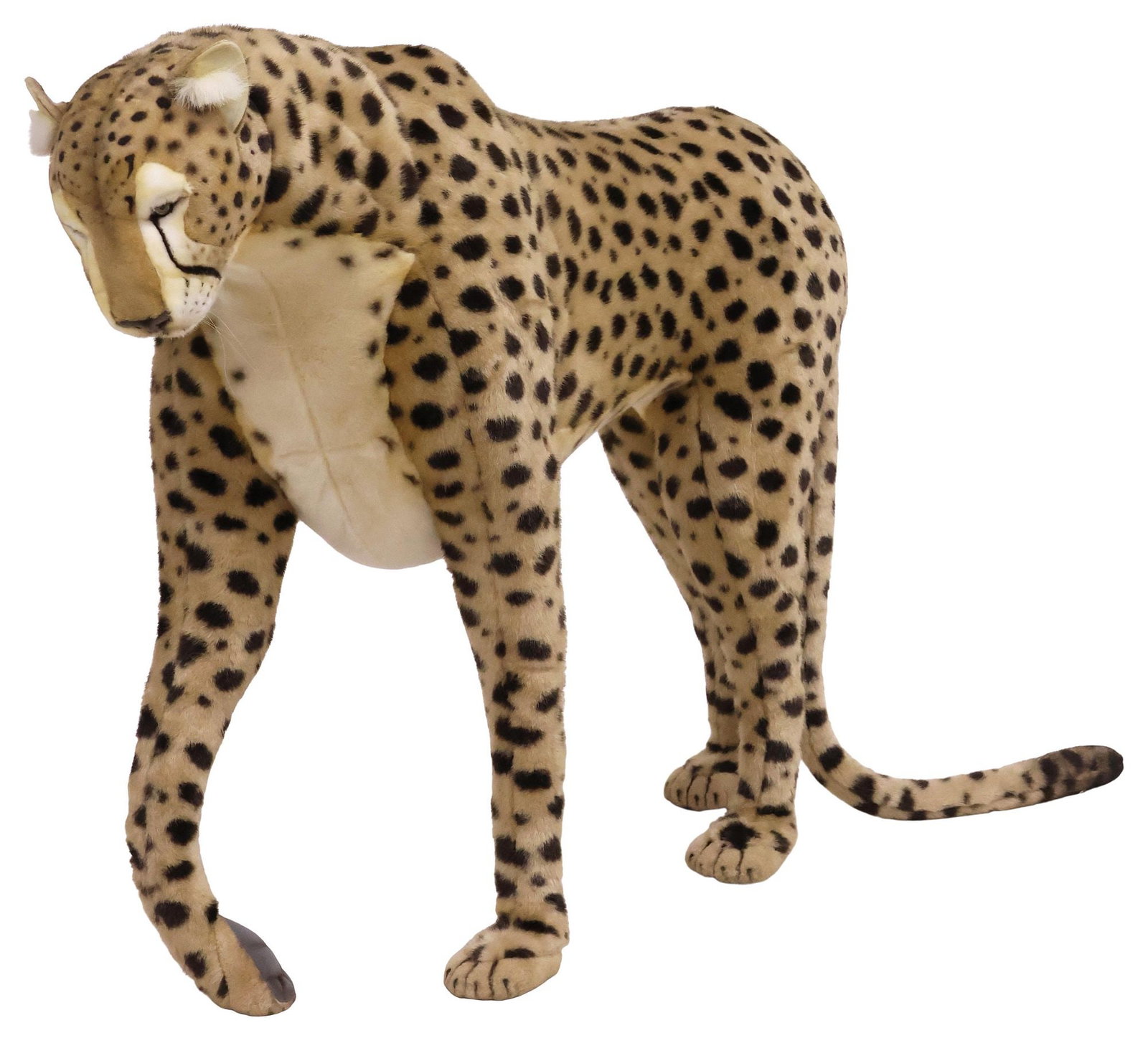 LIFE-SIZE HANSA 'PORTRAITS IN NATURE' FAUX FUR PLUSH LEOPARD, 48"L: Life-sized faux fur stuffed animal, Hansa Creation, 21st c., from the "Portraits in Nature" collection, model 5338, rendered as a standing leopard with bent front paw, retaining fabric maker's tag,