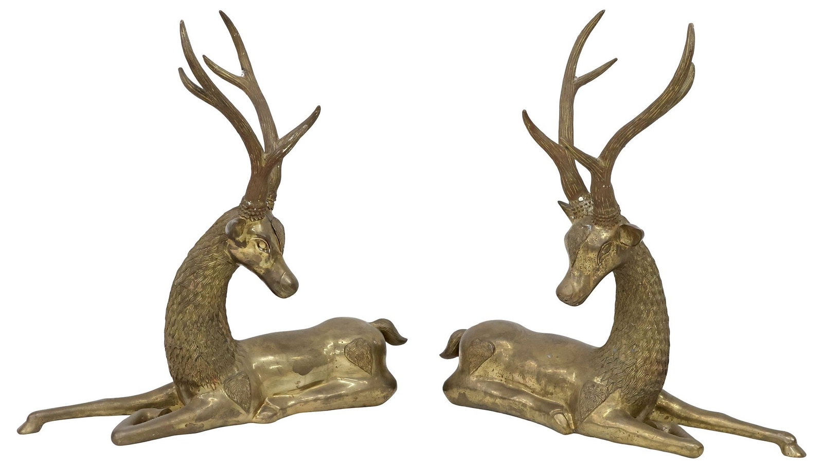 (2) LARGE PATINATED BRASS SCULPTURES, RECLINING STAGS, 29.5"H: (pair) Large patinated sculptures, Reclining Stags, likely brass, each with sideways gaze and opposite leg bent, 29.5"h, 28.5"w, 13"d, 74lbs total **Provenance: Treasures from the vaults of a Dallas