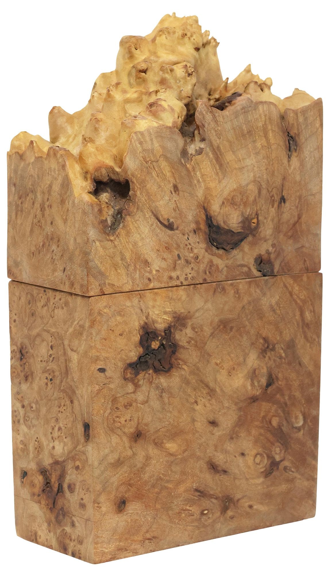 BRENDA HOUSTON NATURALISTIC BURLWOOD ROOT TABLE BOX: Naturalistic burlwood table box, Brenda Houston, 21st c., of rectangular form, with live edge root cover, embossed gilt metal maker's plaque underfoot, approx 10.75"h, 6 1/8"w, 2.75"d, 2.5lbs