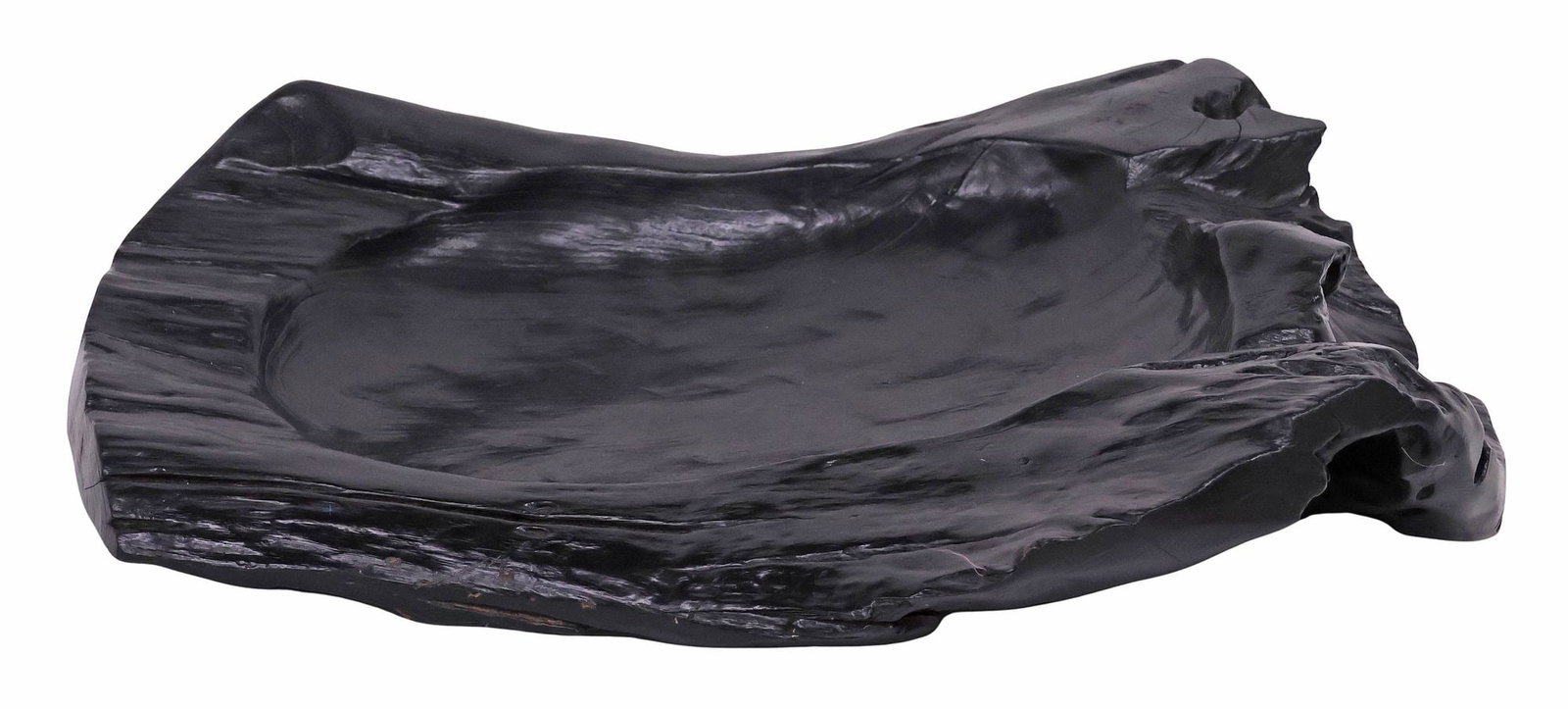 LARGE BLACK LACQUERED LIVE EDGE WOOD CENTERPIECE BOWL, 27.5" X 24.5": Large custom-made naturalistic wood centerpiece bowl, in a black lacquered finish, of organic form with live edge, central shallow cavity, approx 5.75"h, 27.5"l, 24.5"w, 25.5lbs **Provenance: