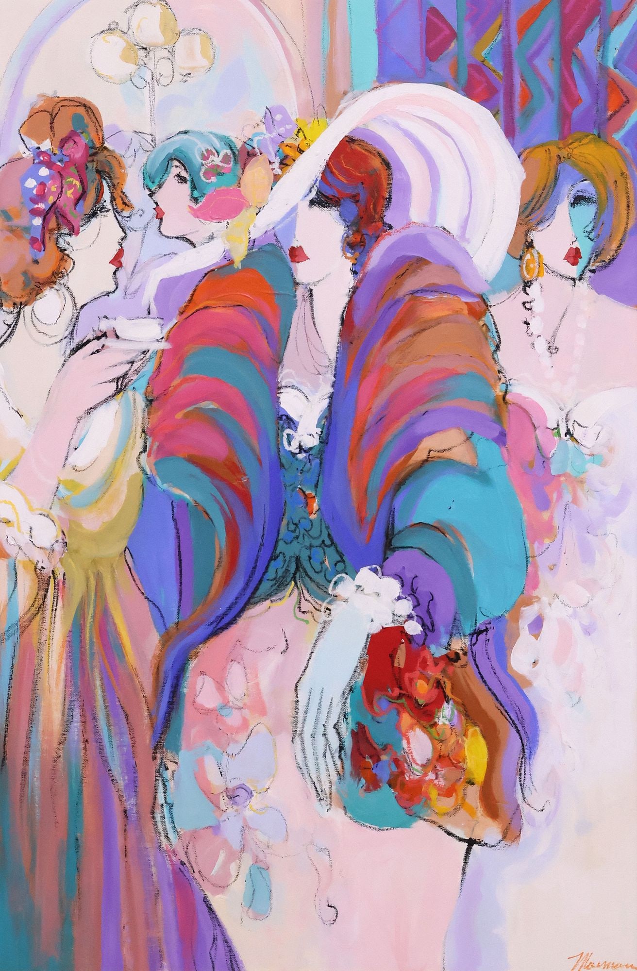 ISAAC MAIMON (ISRAEL, B.1951) OIL PAINTING, LADIES AT THE SOIREE, 47.5" X 31.5" (1 of 4)