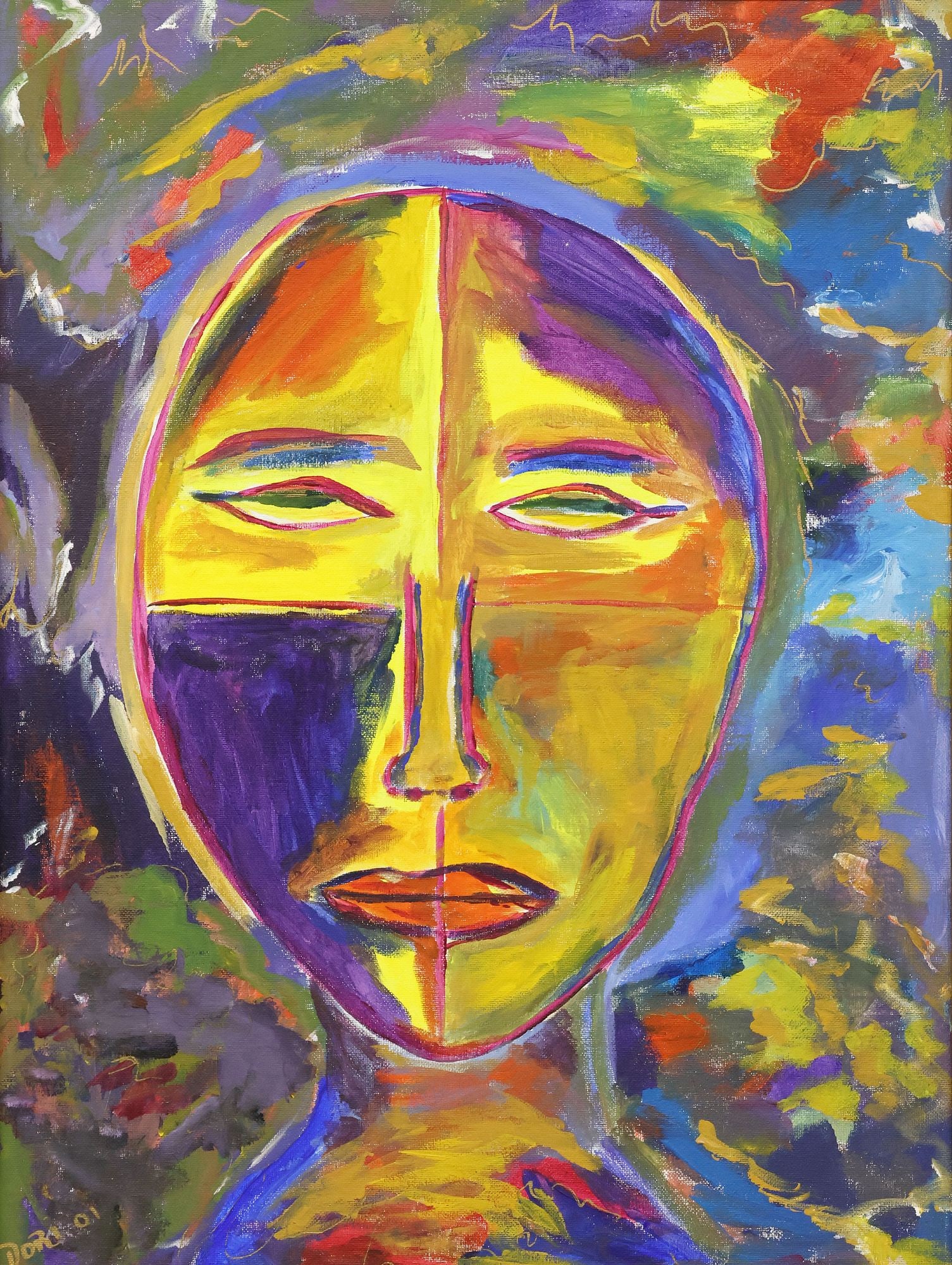 DORI L. COLEMAN (TEXAS, 20TH C.) ACRYLIC PAINTING, COLORFUL FACE: Framed acrylic on canvas board painting, Colorful Expressionist Face, signed lower left Dori (Dori L. Coleman, active in Dallas, Texas, 20th c.), dated [20]01, retaining printed artist's statement ver