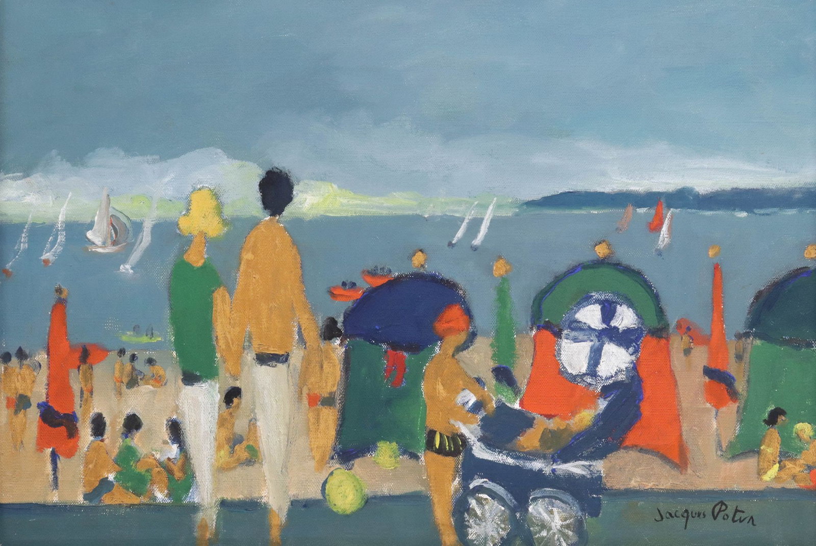 JACQUES POTIN (FRENCH, B.1920) OIL PAINTING, FIGURAL BEACH SCENE: Framed oil on canvas painting, Figures at the Beach, signed lower right Jacques Potin (French, b.1920), sight: approx 9"h, 13 3/8"w, overall: approx 12 7/8"h, 17"w, 2.75lbs