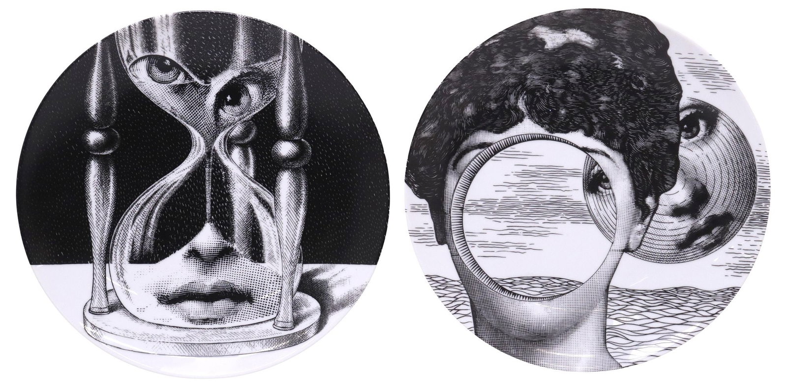 (2) PIERO FORNASETTI 'TEMA E VARIAZIONI' PORCELAIN PLATES, NO. 184 & 279: (lot of 2) "Tema e Variazioni (Themes and Variations)" series porcelain plates, retailed by Barney's, New York, with designs after Piero Fornasetti (Italian, 1913-1988), each with depiction of Lina Ca