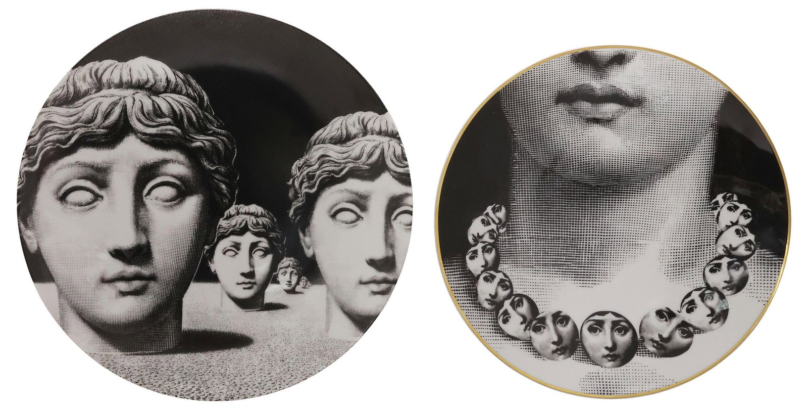 (2) PIERO FORNASETTI 'TEMA E VARIAZIONI' PORCELAIN PLATES, NO. 205, 1 X ROSENTHAL NO.16: (lot of 2) "Tema e Variazioni (Themes and Variations)" series porcelain plates, each with designs after Piero Fornasetti (Italian, 1913-1988), each with depiction of Lina Cavalieri, marked underfoot, 