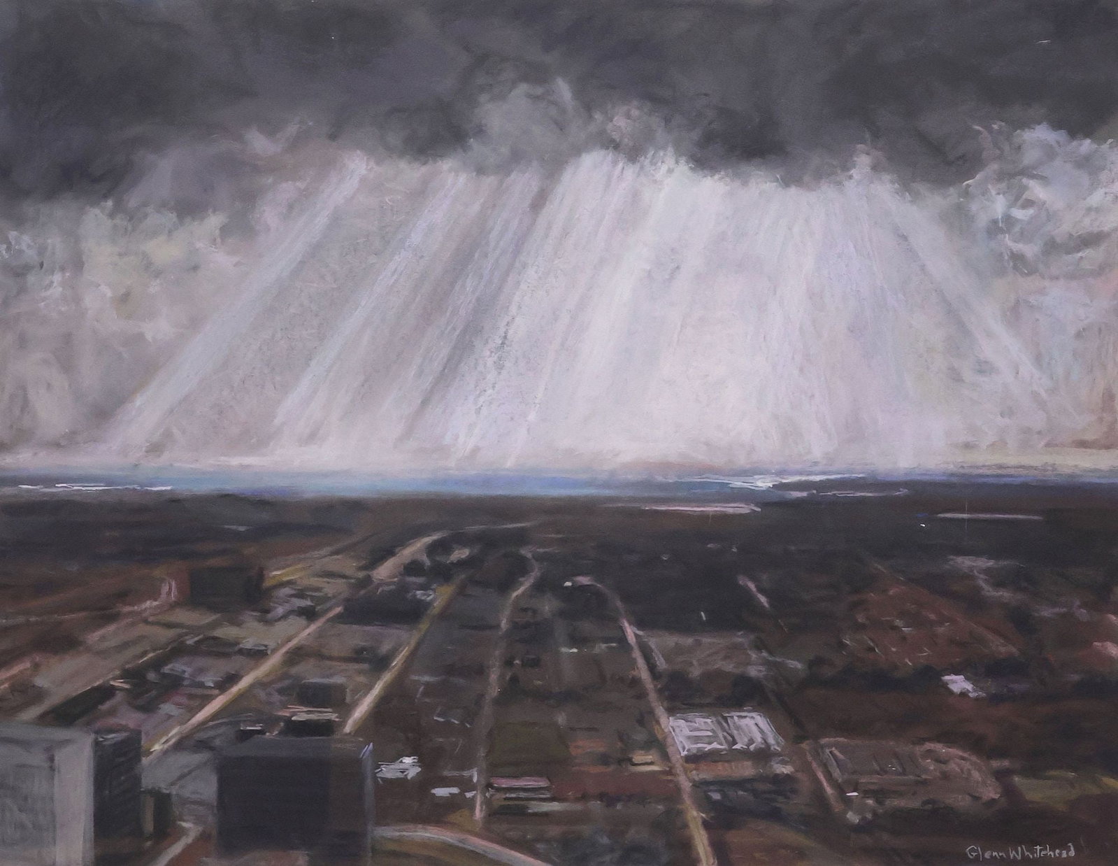 GLENN WHITEHEAD (B.1940) OIL PASTEL, ALLEN CENTER HOUSTON LANDSCAPE (1 of 4)