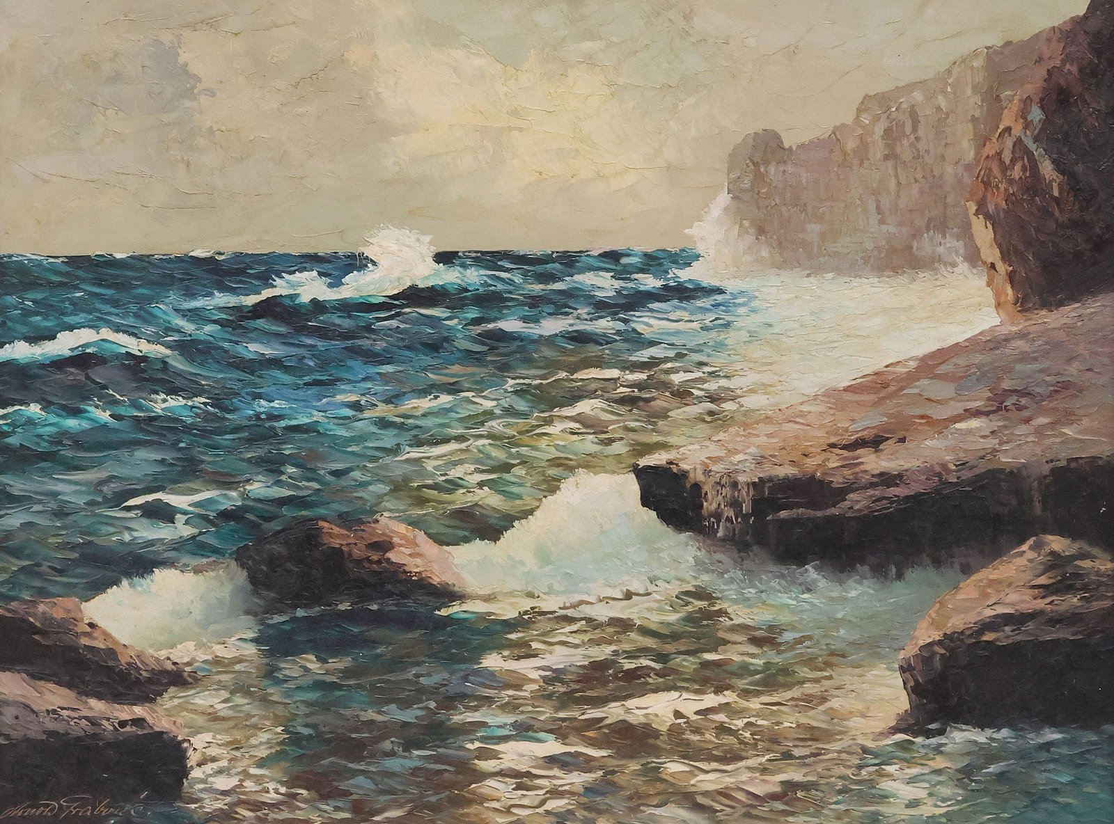 GEORG ARNOLD-GRABONE (GERMAN, D.1982) PAINTING, ROCKY COASTLINE SEASCAPE: Framed oil on canvas painting, Isle of Capri Landscape, signed lower left Arnold Grabone (Georg Arnold-Grabone, German, 1896-1982), twice-inscribed "James M. Clark" with printed address on back stretc