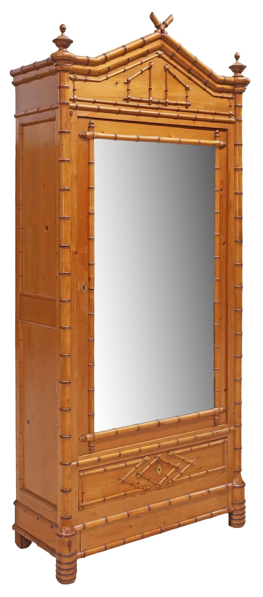 FRENCH MIRRORED PINE ARMOIRE WITH FAUX BAMBOO TURNINGS (1 of 6)