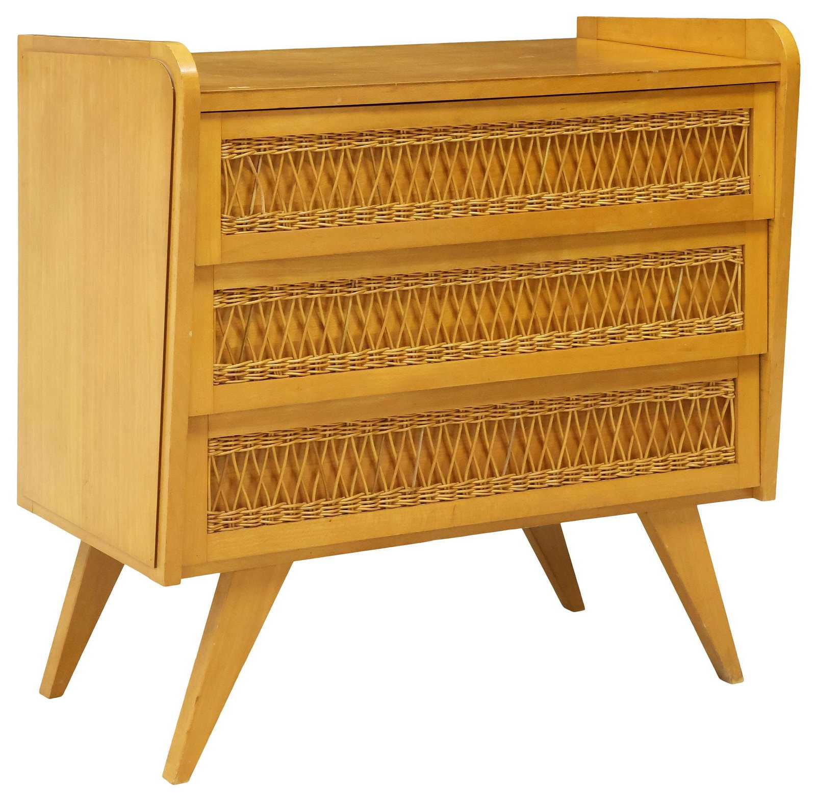 FRENCH MID-CENTURY MODERN OAK & RATTAN 3-DRAWER COMMODE (1 of 5)
