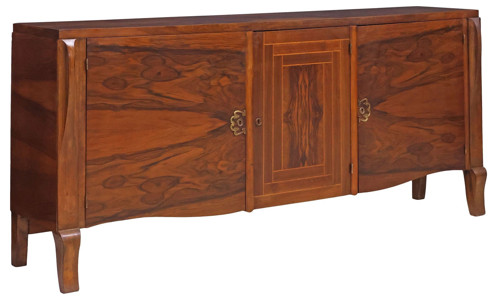 FRENCH ART DECO PERIOD INLAID ROSEWOOD SIDEBOARD: French Art Deco rosewood sideboard, c.1930s, gently curved case with stringwork and inlaid banded trim, equipped with three cabinet doors, each enclosing adjustable shelving, outer doors fitted with s