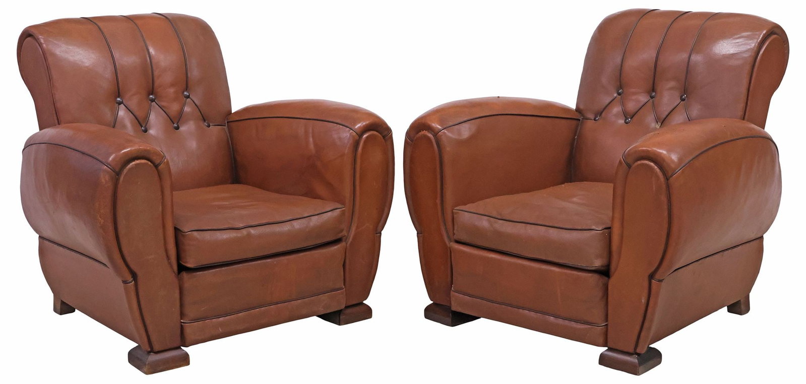 (2) FRENCH ART DECO PERIOD BUTTONED BROWN LEATHER CLUB CHAIRS (1 of 3)