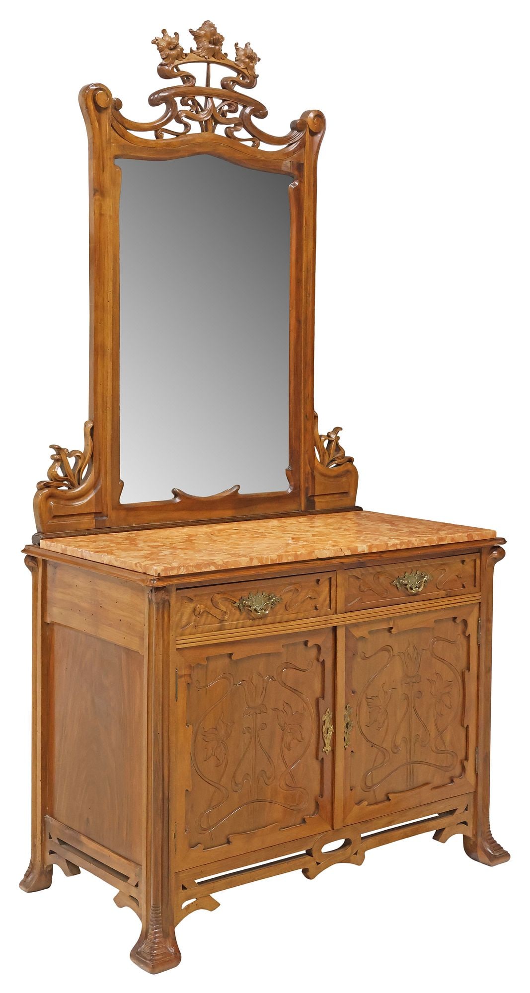 FRENCH ART NOUVEAU CARVED WALNUT MARBLE-TOP MIRRORED SERVER: French Art Nouveau walnut server/ buffet with mirror, early 20th c., scrolled frame with whiplash crest and daffodils, encasing beveled mirror plate, over marble-inset case with incised scrollwork and