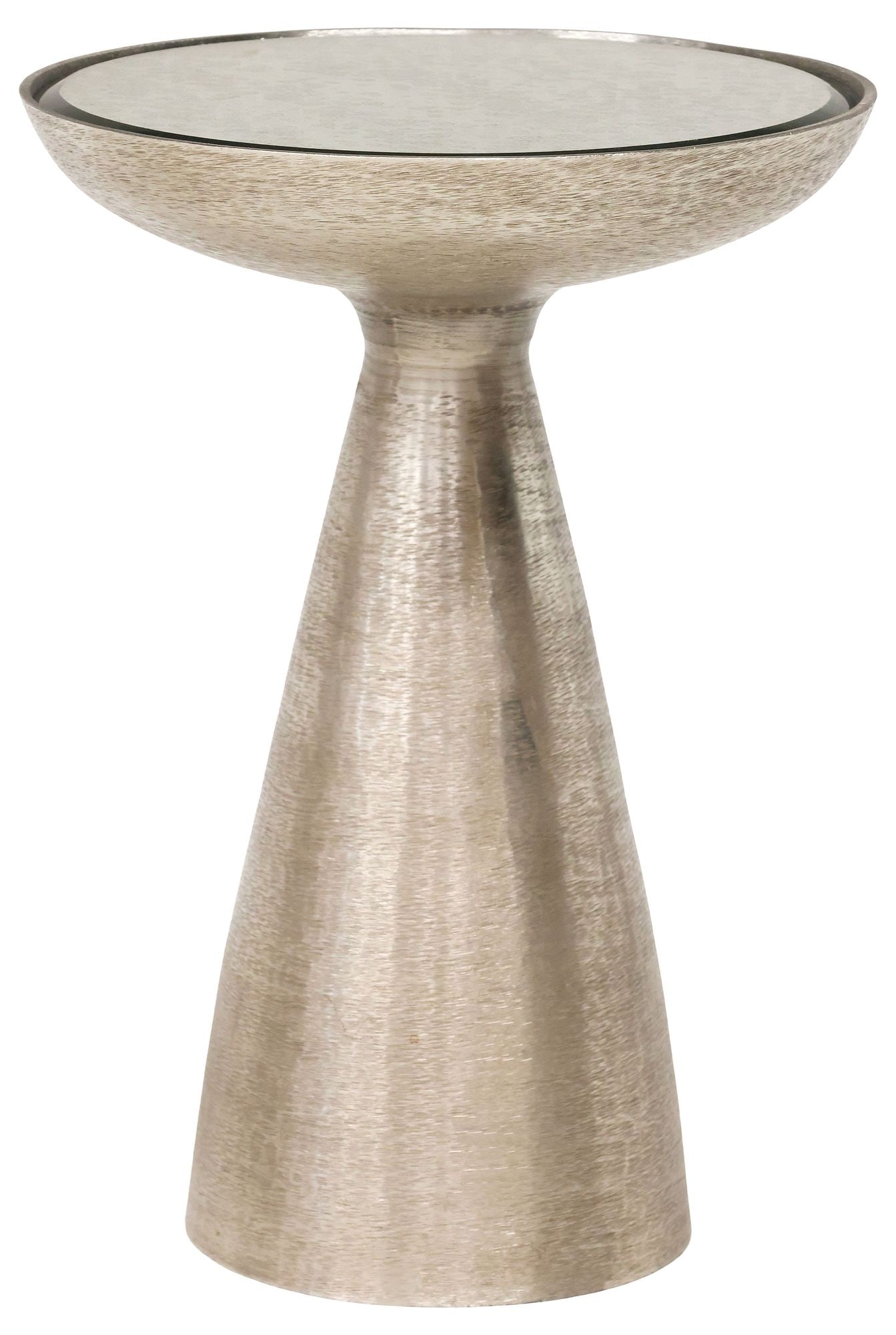 FOUR HANDS 'MARLOW MOD' CONTEMPORARY BRUSHED METAL PEDESTAL TABLE: Contemporary "Marlow Mod" pedestal side table, Four Hands, 21st c., circular top with inset antiqued mirror plate, rising on tapering brushed silver-tone metal frame, retaining maker's l