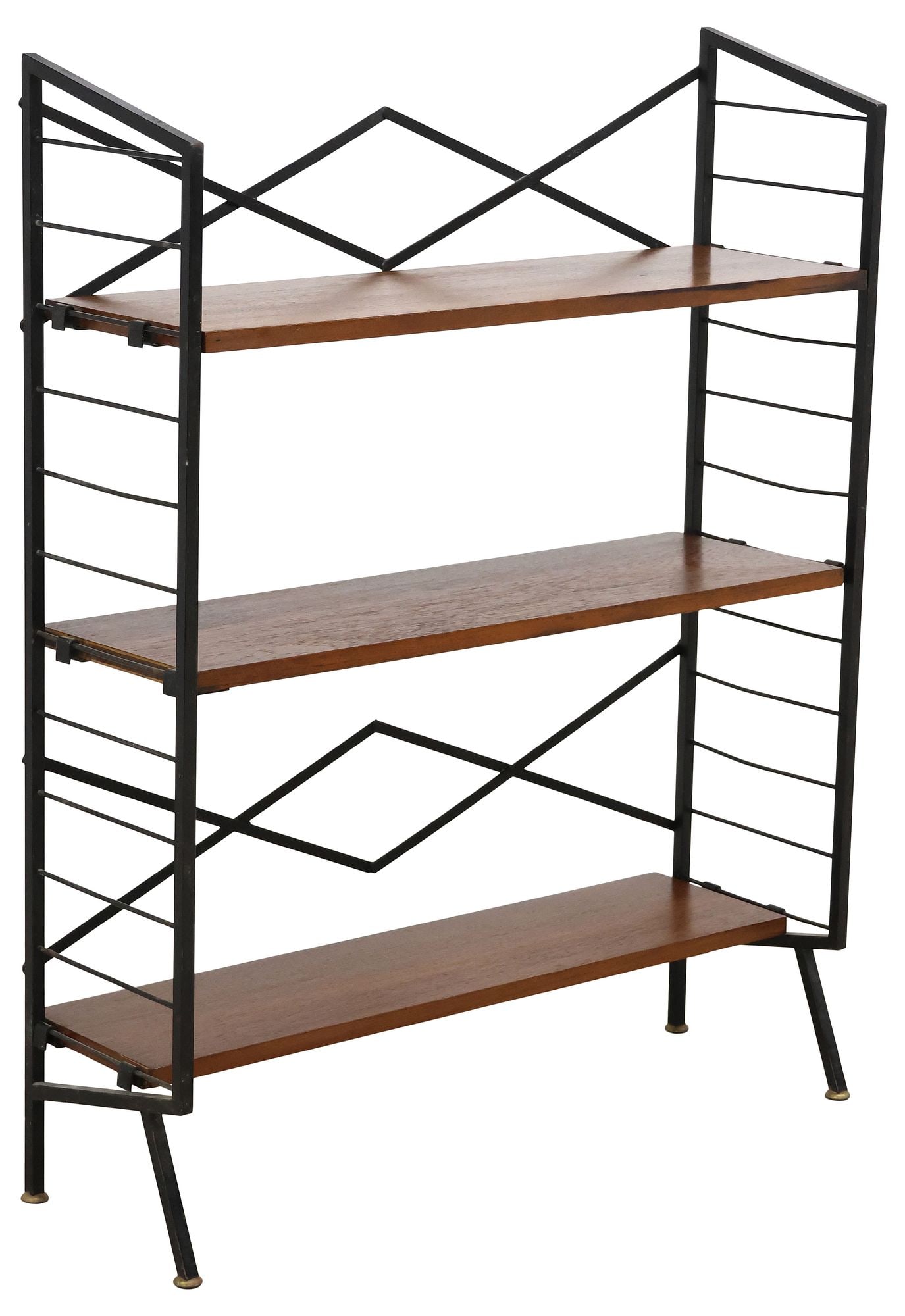 ITALIAN MID-CENTURY MODERN BOOKCASE: Italian mid-century modern bookcase, c.1950s, steel frame, three adjustable-height teak shelves, approx 42.25"h, 32.75"w, 11"d