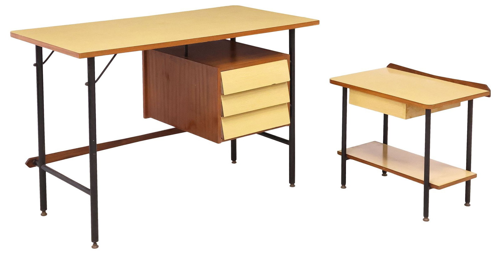 (2) ITALIAN MID-CENTURY MODERN TEAK-TRIMMED LAMINATE DESK & SIDE TABLE: Italian mid-century modern desk and nightstand, c.1960s, each with wood-grain laminate top and teak veneer trim, on steel supports, including: (1) desk, with three levered drawers, approx 30.5"h,
