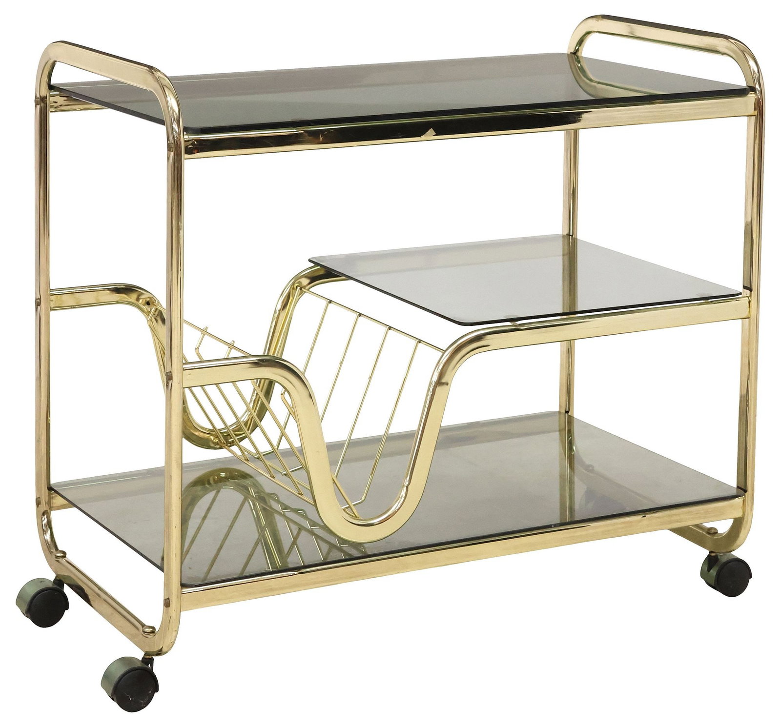 ITALIAN MID-CENTURY MODERN GILT-METAL & SMOKED GLASS BAR CART: Italian mid-century modern gilt-metal bar cart/ service trolley, c.1960s, tubular frame with three smoked glass tiers, and lower slatted bottle rack, on casters, approx 30"h, 33"w, 19"d