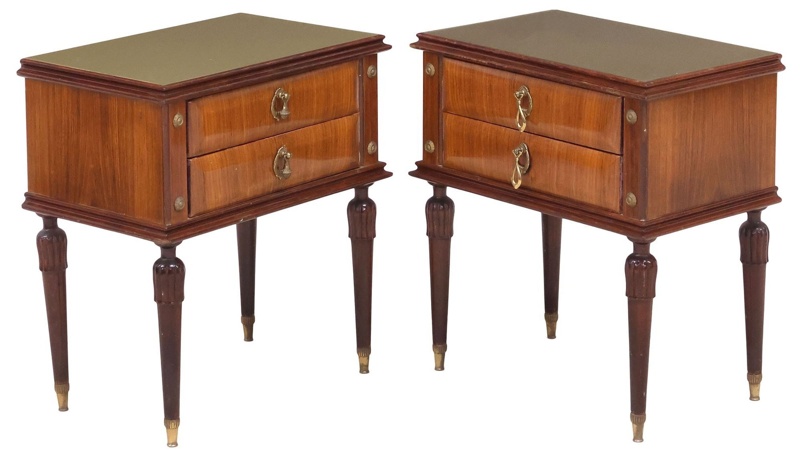 (2) ITALIAN MID-CENTURY MODERN GLASS-TOP MAHOGANY NIGHTSTANDS: (pair) Italian mid-century modern mahogany nightstands, c.1950s, each having inset glass top, over two drawers, rising on tapered legs, ending in brass-capped feet, approx 23.75"h, 21"w, 13.5"d