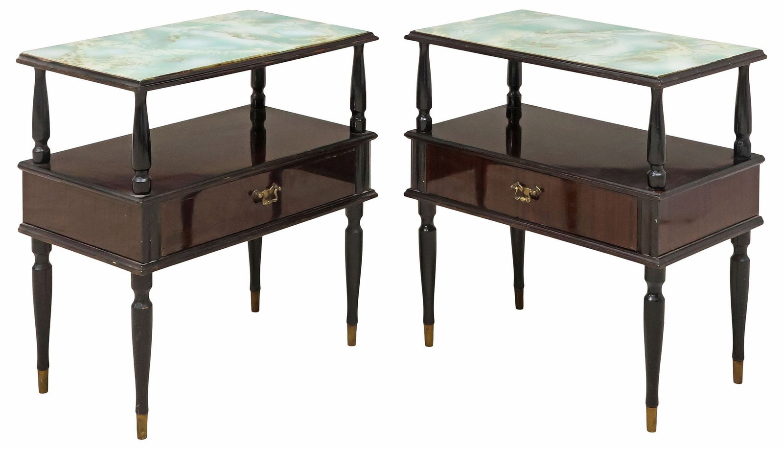 (2) ITALIAN MID-CENTURY MODERN GLASS-TOP MAHOGANY NIGHTSTANDS: (pair) Italian mid-century modern mahogany nightstands, c.1950s, each with marbleized glass top, above open storage and single drawer, rising on tapered legs and brass-capped feet, glass with maker's 