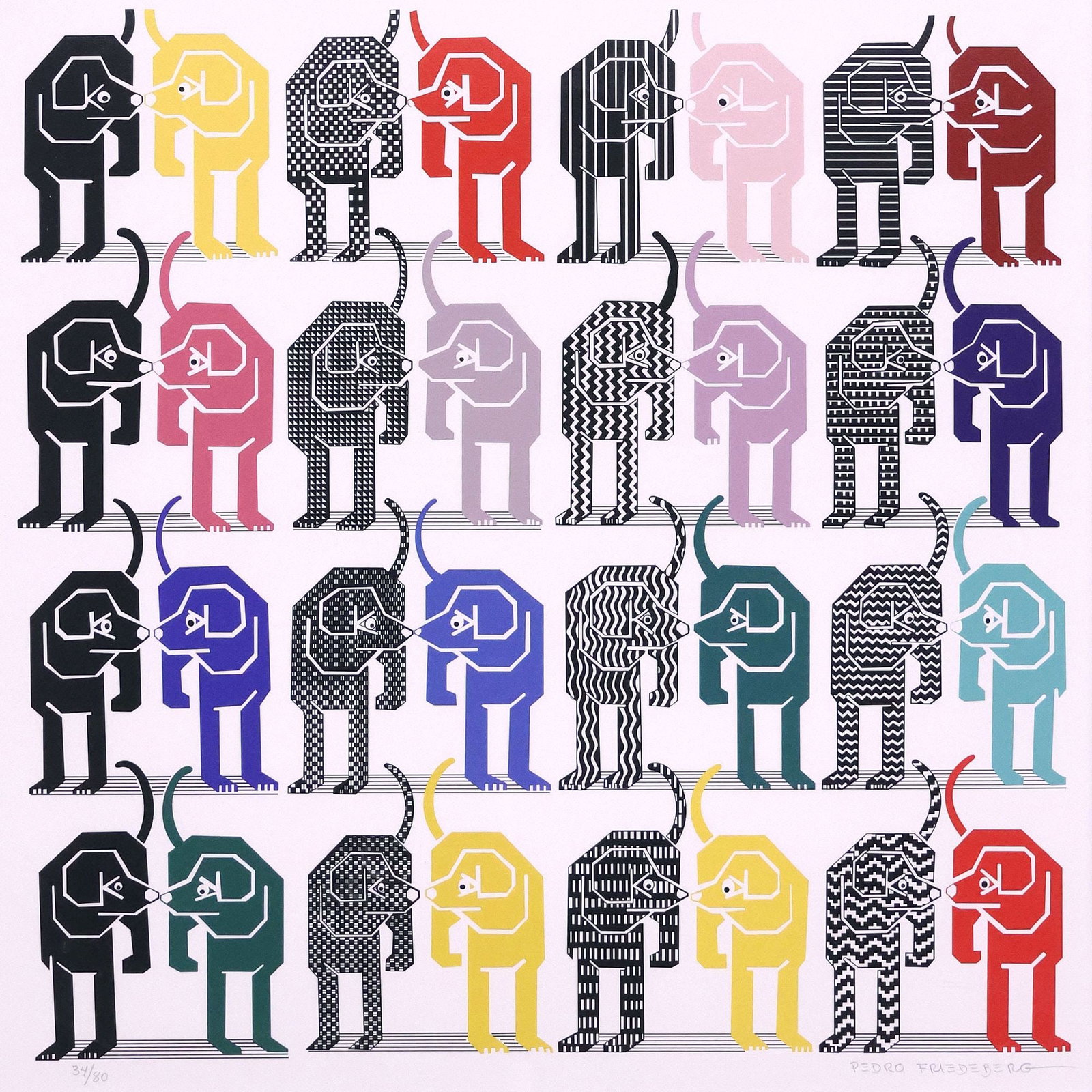 PEDRO FRIEDEBERG (MEXICO, D. 2026) SERIGRAPH PRINT, 'PERROS': Framed silkscreen print in colors on paper, "Perros," pencil signed lower right Pedro Friedeberg (Mexican, 1936-2026), numbered 34/ 80, sight: approx 25"h, 25"w, overall: approx 31.25"h, 31"w, 8.5lbs