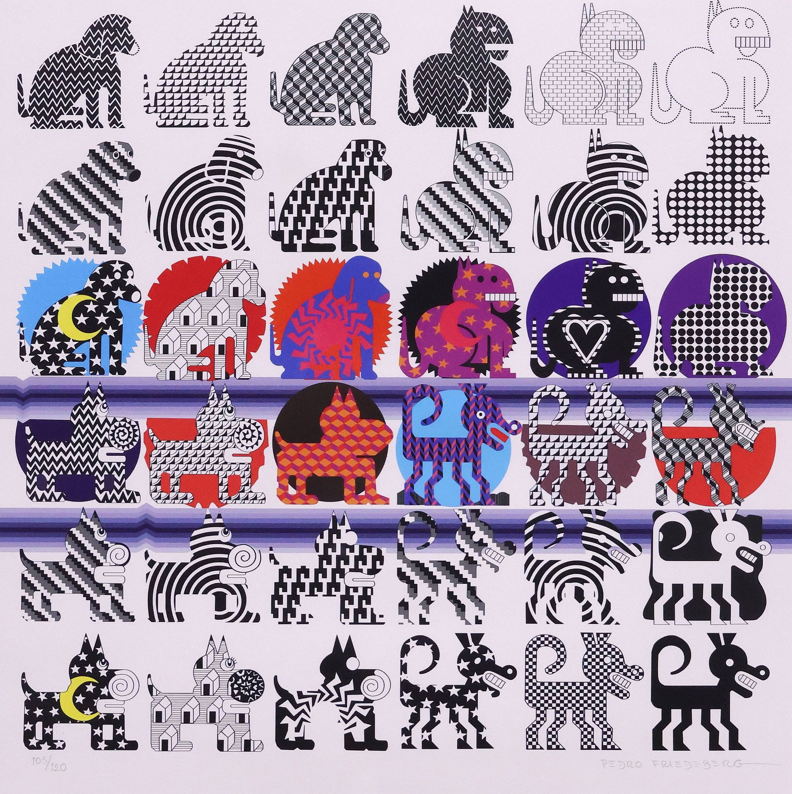 PEDRO FRIEDEBERG (MEXICO, D. 2026) SERIGRAPH PRINT, '36 PERRITOS': Framed silkscreen print in colors on paper, "36 Perritos (36 Dogs)," pencil signed lower right Pedro Friedeberg (Mexican, 1936-2026), numbered 105/ 120, sight: approx 23.25"h, 23.25"w, overall: approx