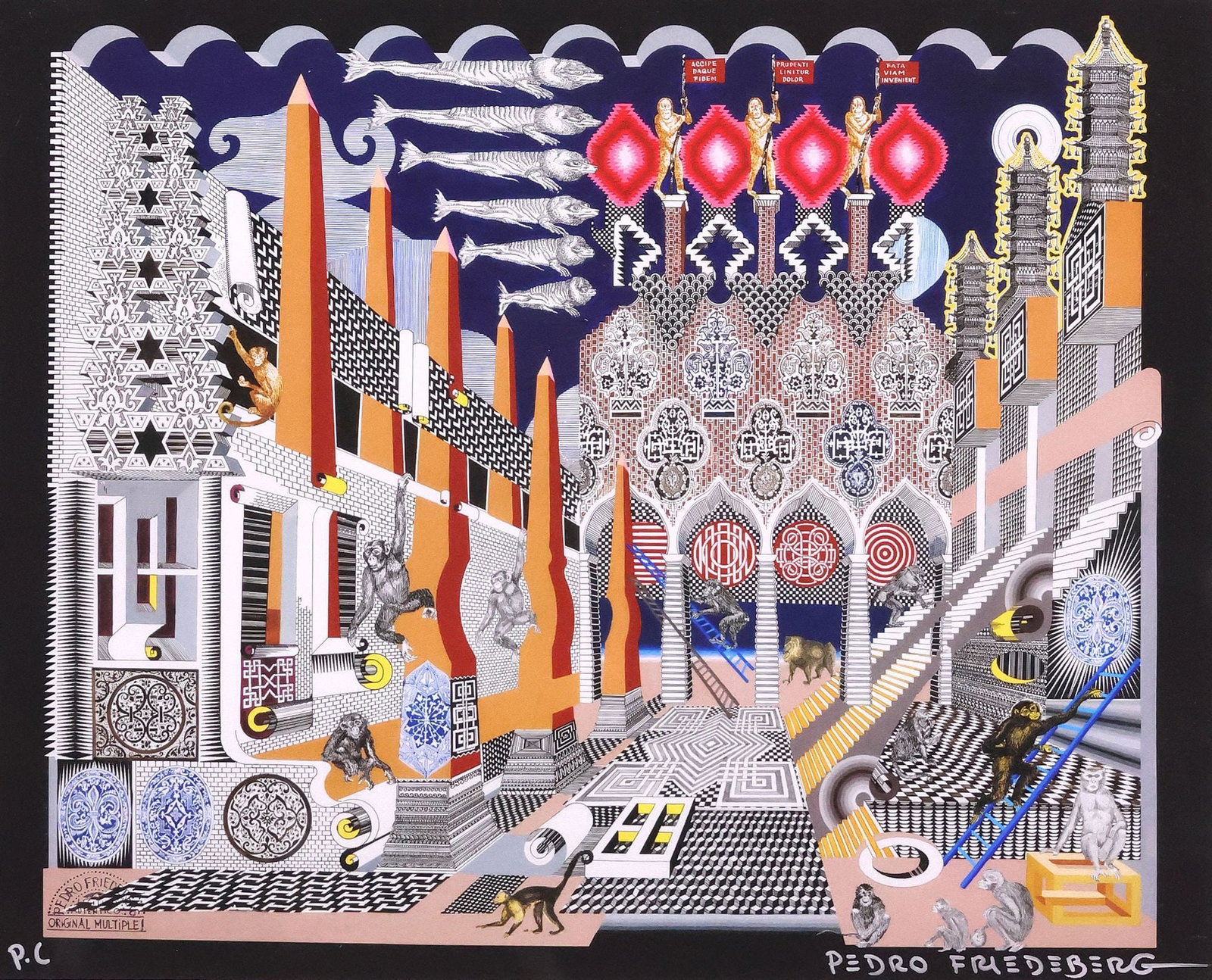 PEDRO FRIEDEBERG (MEXICO, D. 2026) SERIGRAPH PRINT, 'CHANGUITOS DE LA CUIDAD': Framed silkscreen print in colors on paper, "Changuitos de la Cuidad (City Monkeys)," ink signed lower right Pedro Friedeberg (Mexican, 1936-2026), marked P.C. (publisher's copy), sight: approx 16"h, 