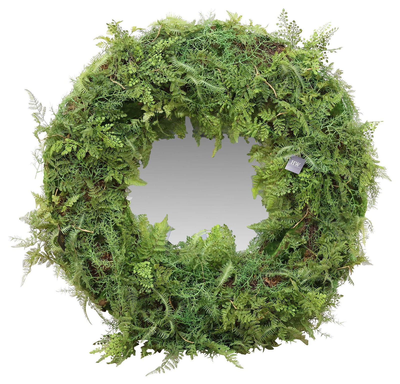 CONTEMPORARY FAUX FERN & MOSS WREATH-FRAMED MIRROR, 40"DIAM: Contemporary faux greenery wall mirror, Gold Eagle USA, retailed by Holiday Warehouse, 21st c., wreath-form frame with faux moss and fern varieties, encasing flat mirror plate, approx 40"diam, 18lbs *