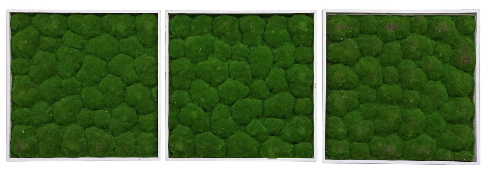 (3) DECORATIVE FRAMED FAUX MOSS WALL PANELS BY ALLSTATE FLORAL: (lot of 3) Contemporary decorative faux moss wall panels, Allstate Floral, each housed in a white-painted wood frame, overall: approx 23.5"h, 23.5"w, 12.75lbs total **Provenance: Treasures from the va