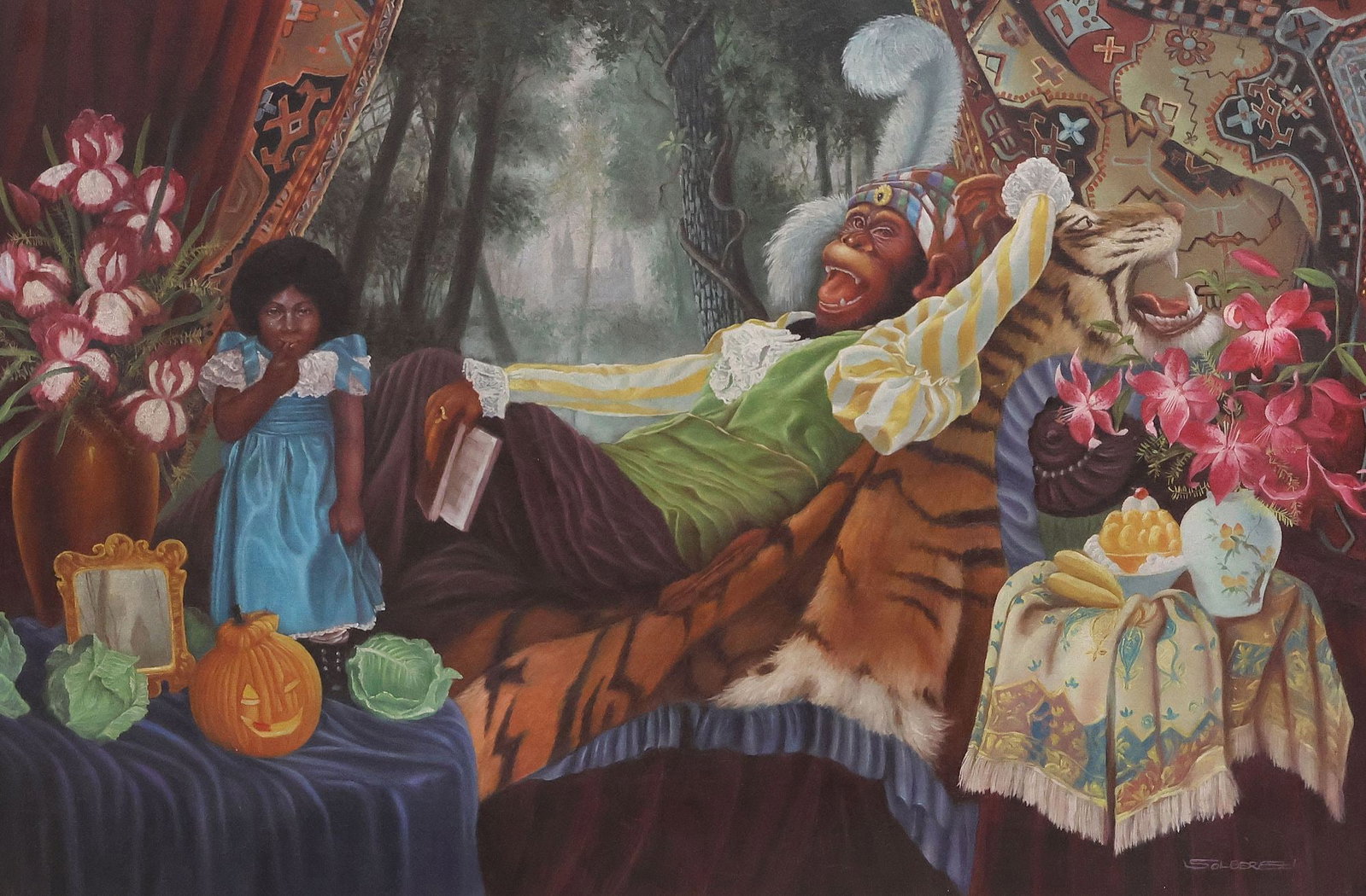FRAMED CANVAS PRINT, SINGERIE SCENE WITH MONKEY, IRIS APFEL COLLECTION: Framed giclee print on canvas, Singerie Scene with Monkey in Lavish Interior, signed in print lower right Solberg (20th c.), sight: approx 23.5"h, 35.75"w, overall: approx 34.5"h, 46.75"w, 24.25lbs **