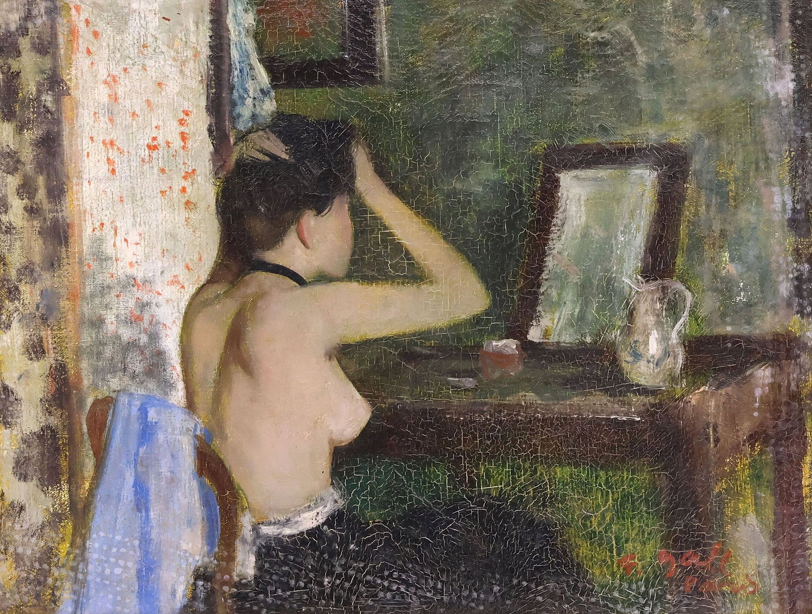 FRANCOIS GALL (1912-1987) OIL PAINTING, FEMALE PORTRAIT AT MIRROR: Framed oil on canvas painting, Lady at the Mirror, signed lower right F. Gall (Francois Gall, Hungarian/ French, 1912-1987), inscribed Paris below signature, overall craquelure, sight: approx 12.25"h,