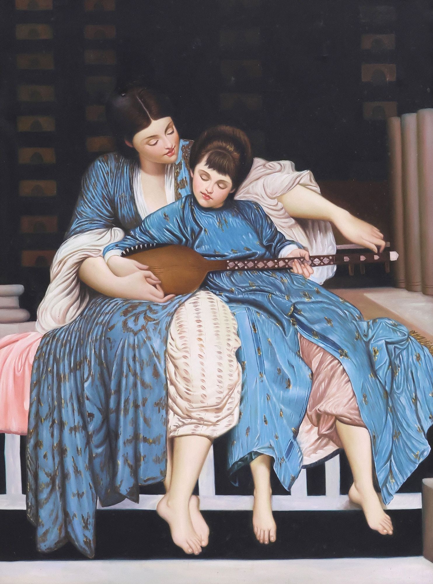 AFTER FREDERIC LEIGHTON (BRITISH, D.1896) OIL PAINTING, 'THE MUSIC LESSON': Framed oil on canvas painting, "The Music Lesson," after Sir Frederic Leighton (British, 1830-1896), apparently unsigned, small dents in canvas near upper corners, sight: approx 38.75"h, 29"w, overall