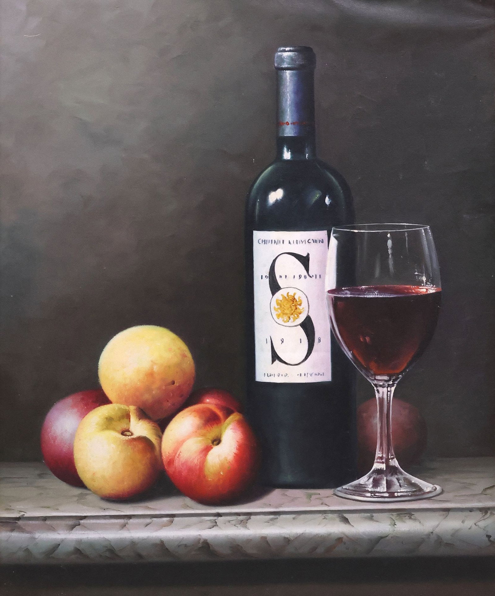 GILTWOOD-FRAMED OIL PAINTING, STILL LIFE WITH WINE & FRUIT, 49" X 45": Framed oil on canvas painting, Still Life with Wine and Fruit, apparently unsigned, housed in a fine molded giltwood frame, sight: approx 23 3/8"h, 19 3/8"w, overall: approx 49.25"h, 45