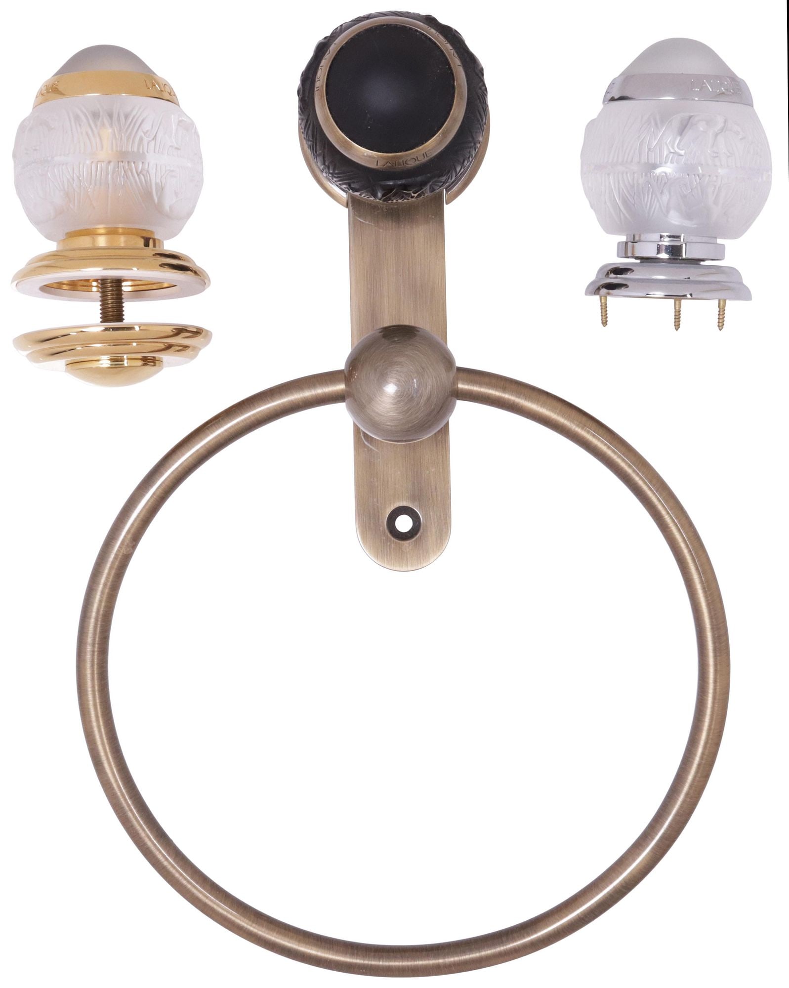(3) LALIQUE FOR THG PARIS "PANTHERE" COLLECTION HARDWARE: VARIED KNOBS & TOWEL RACK: (lot of 3) Designer art crystal bathroom hardware, 'Panthere' Collection, designed by Marie-Claude Lalique (French, 1935-2003) for THG, Paris, 21st c., including: (1) towel ring, with black art crysta