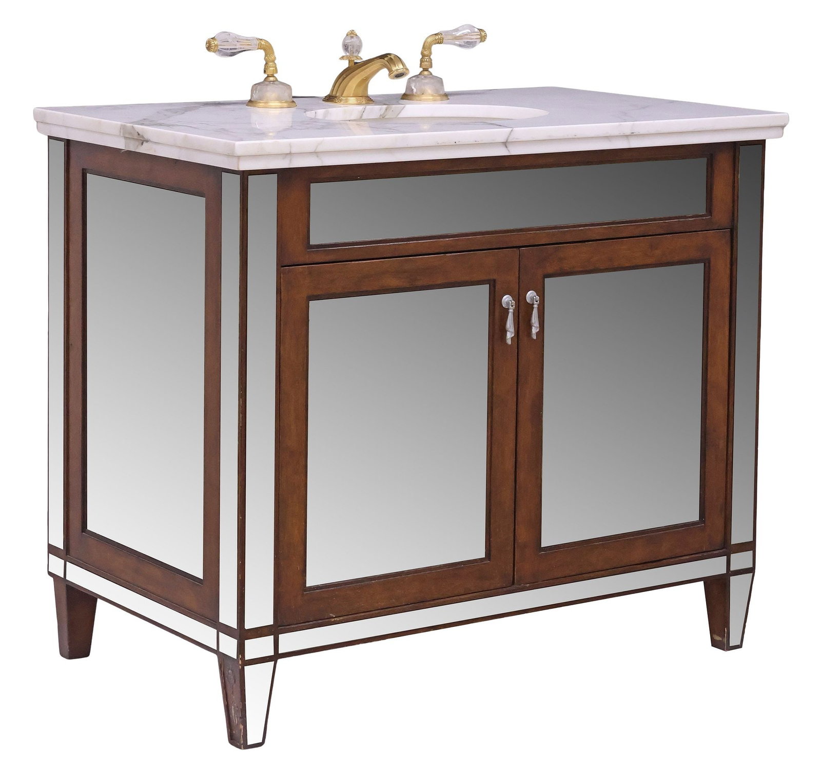 CUSTOM MARBLE-TOP MIRRORED VANITY WITH SHERLE WAGNER GILT-METAL & ROCK CRYSTAL SINK FITTINGS: Custom-made mirrored vanity, 21st c., rectangular marble-top cabinet with paneled beveled and flat eglomise mirror plates, pair of doors revealing open interior, on short tapered legs, equipped with S