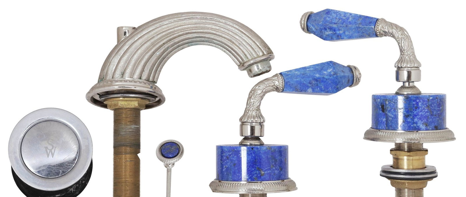 DESIGNER SHERLE WAGNER MODERN POLISHED NICKEL & BLUE LAPIS BATHROOM FAUCET SET: (lot) Designer modern polished nickel bathroom set, Sherle Wagner International, 20th/ 21st. c., a deck-mount lever faucet set with various plumbing fixtures, signed SW to drain plug, including: (1) "
