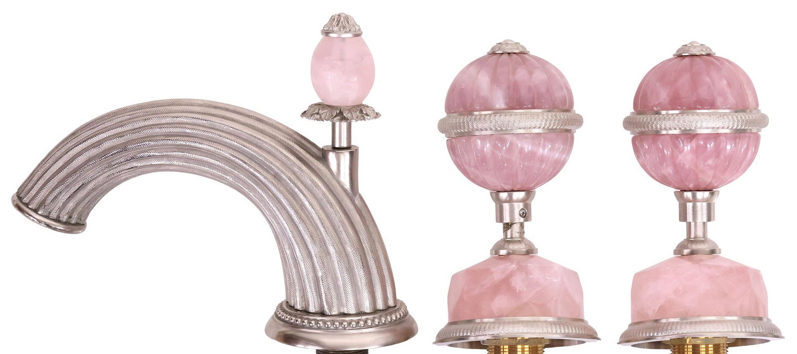 (LOT) DESIGNER SHERLE WAGNER ROSE QUARTZ "GLOBE" BRUSHED NICKEL FAUCET SET (1 of 9)
