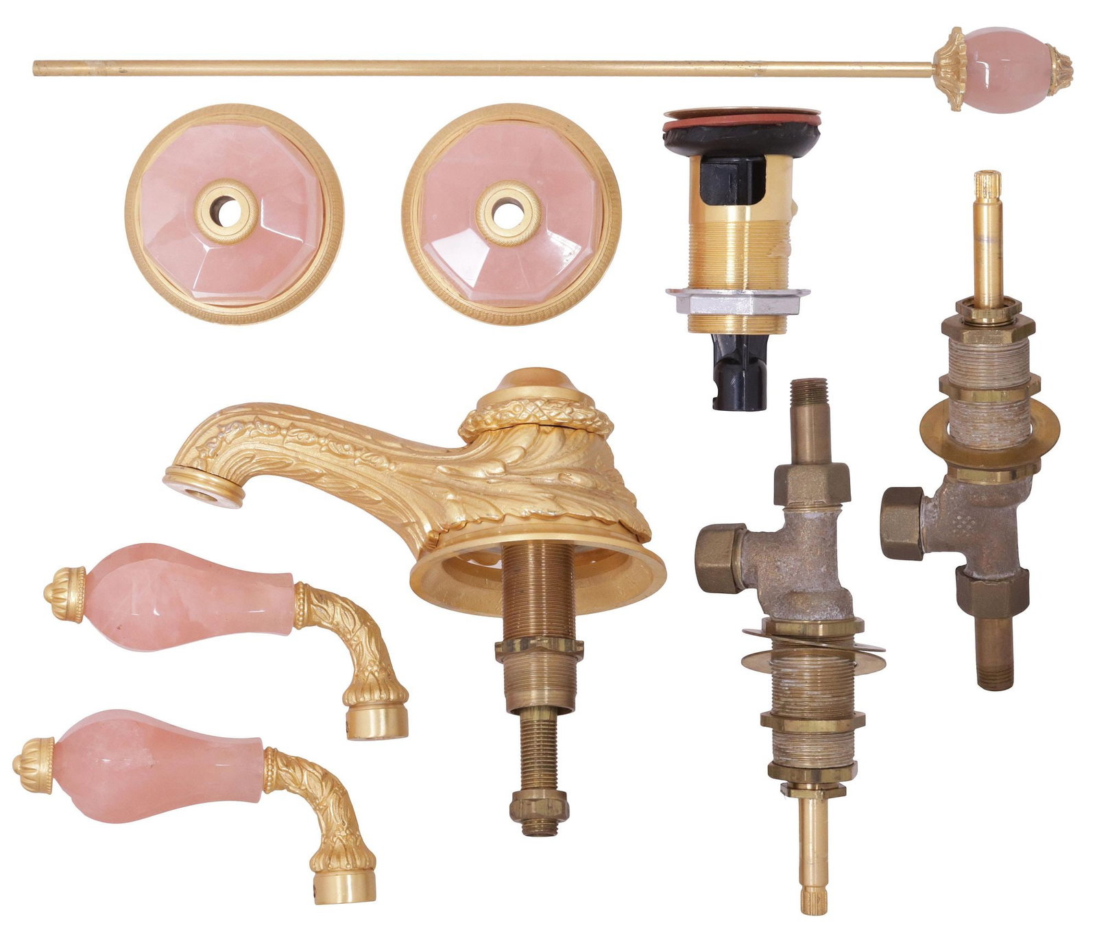 (LOT) DESIGNER SHERLE WAGNER ROSE QUARTZ & GILT METAL FAUCET SET: (lot) Designer rose quartz and gilt metal bathroom set, Sherle Wagner International, 20th/ 21st. c., a deck-mount lever faucet set with various plumbing fixtures, signed to drain plug including: (1) f
