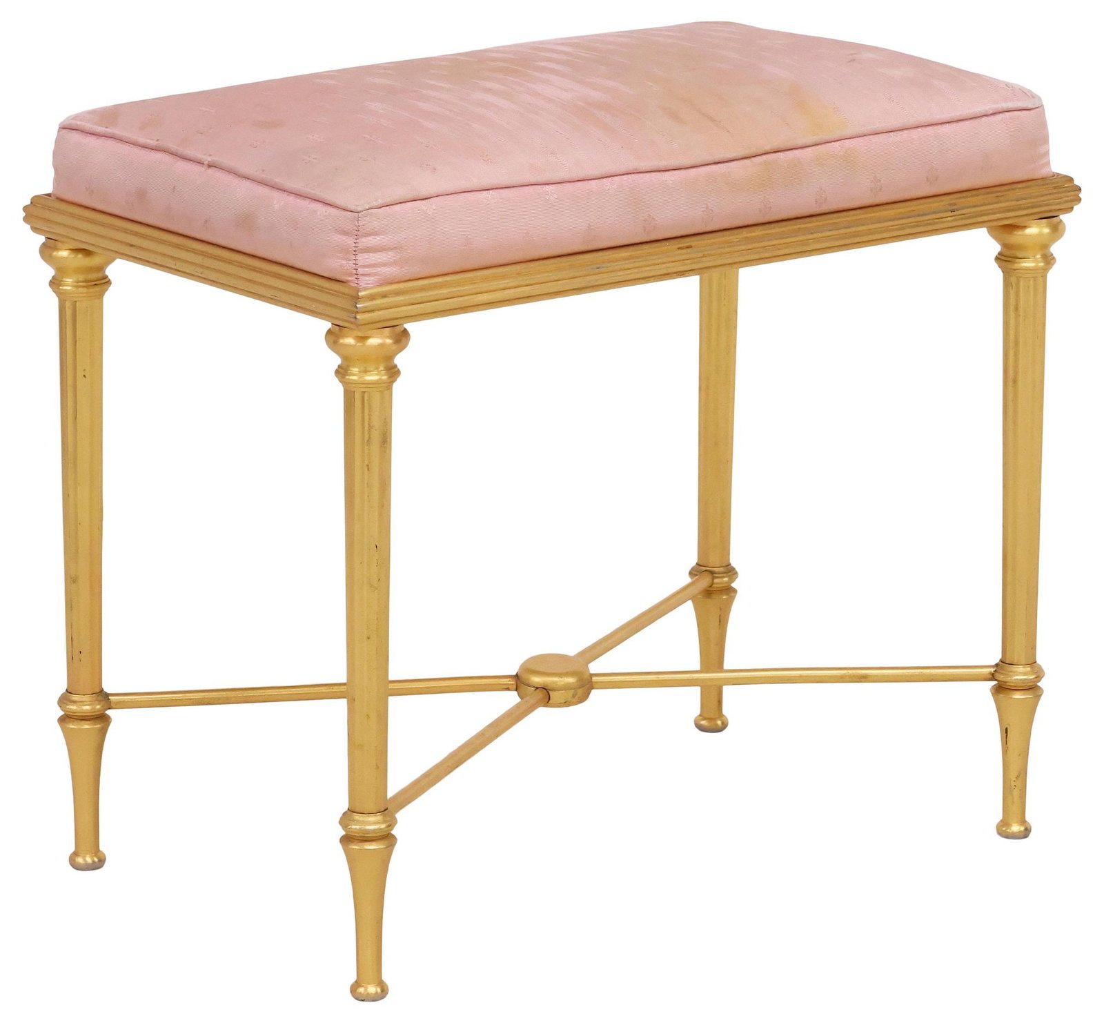 DESIGNER SHERLE WAGNER 'REEDED' GOLD-PLATED VANITY BENCH / STOOL: Designer gold-plated metal "Reeded" vanity bench, Sherle Wagner International, 21st c., having padded seat in worn pink jacquard upholstery, with repeating monogram motifs, rising on fluted supports j