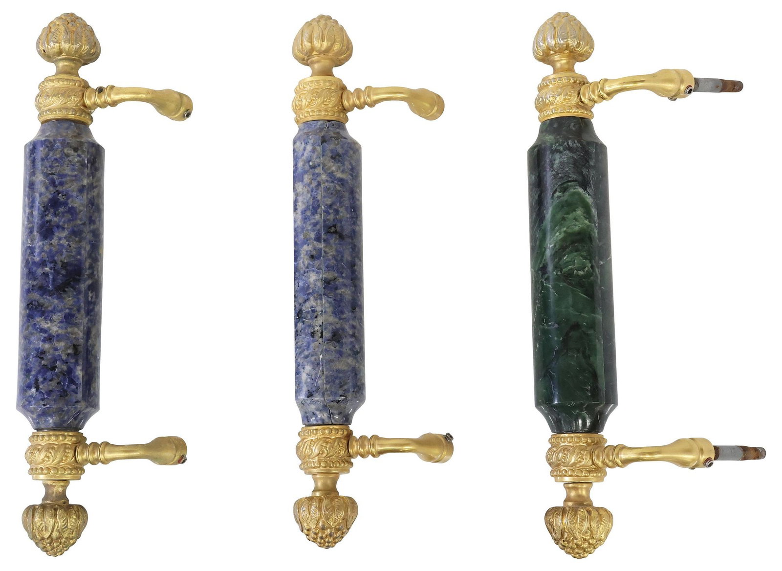 (3) PALATIAL SHERLE WAGNER (ATTRIB.) GILT-METAL & STONE DOOR HANDLES: (lot of 3) Neoclassical style gilt-metal and stone door pulls, attributed to Sherle Wagner International, 21st c., either end of stone-clad grip bar terminating at berry-form finial with beaded and fo