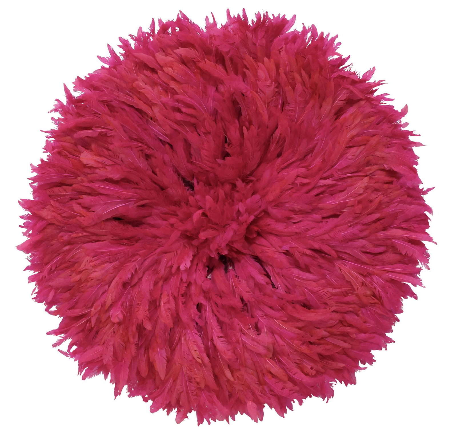 DECORATIVE PINK JUJU FEATHER HAT / WALL HANGING, 29.5"DIAM: Decorative pink feathered wall hanging or Juju hat, 20th c., approx 6.5"h, 29.5"diam, 4lbs **Provenance: Treasures from the vaults of a Dallas designer**